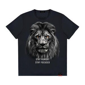 Stay Hungry Black Short Sleeve Tee with Lion Graphic